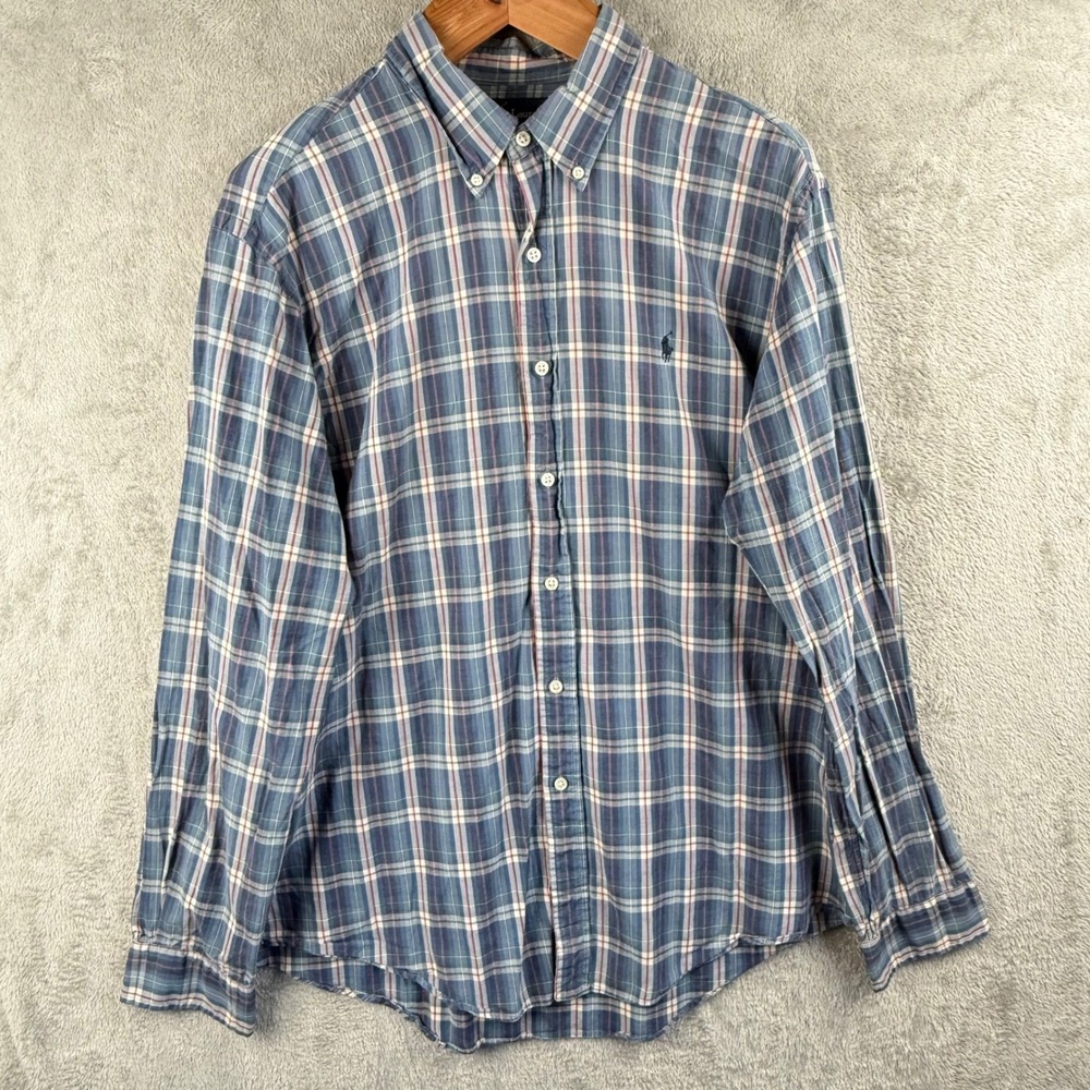 Ralph Lauren Button Down Shirt Mens XXL Blue Plaid L/S Lightweight Preppy Casual